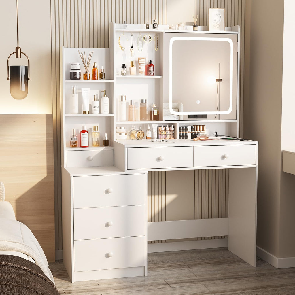 White Vanity Desk with Lighted Mirror and 6 Drawers R60334