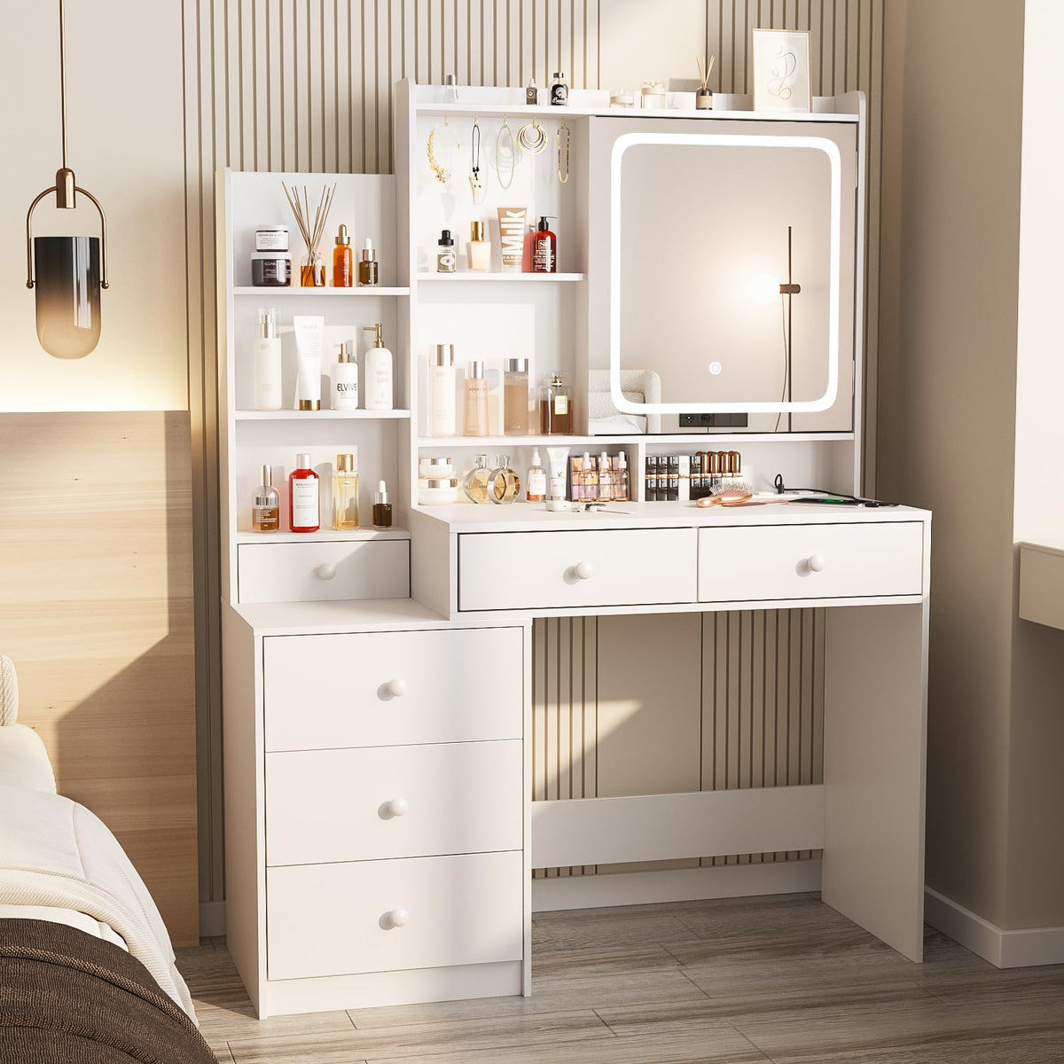 White Vanity Desk with Lighted Mirror and 6 Drawers R60334