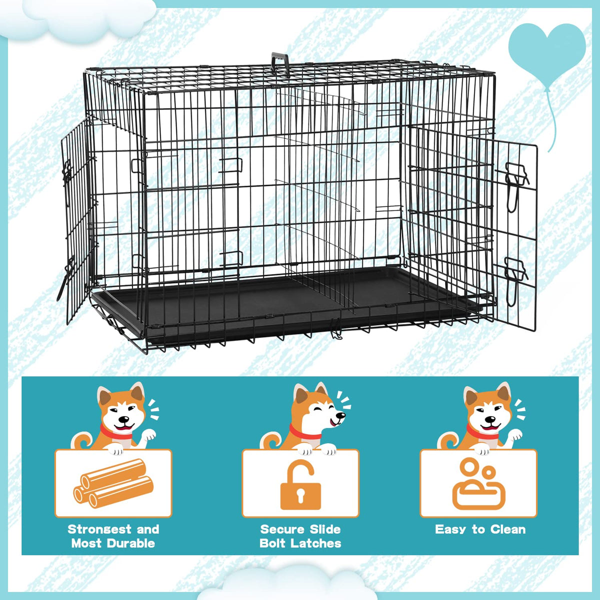 36 Inch Double-Door Metal Dog Crate with Tray and Divider A9626