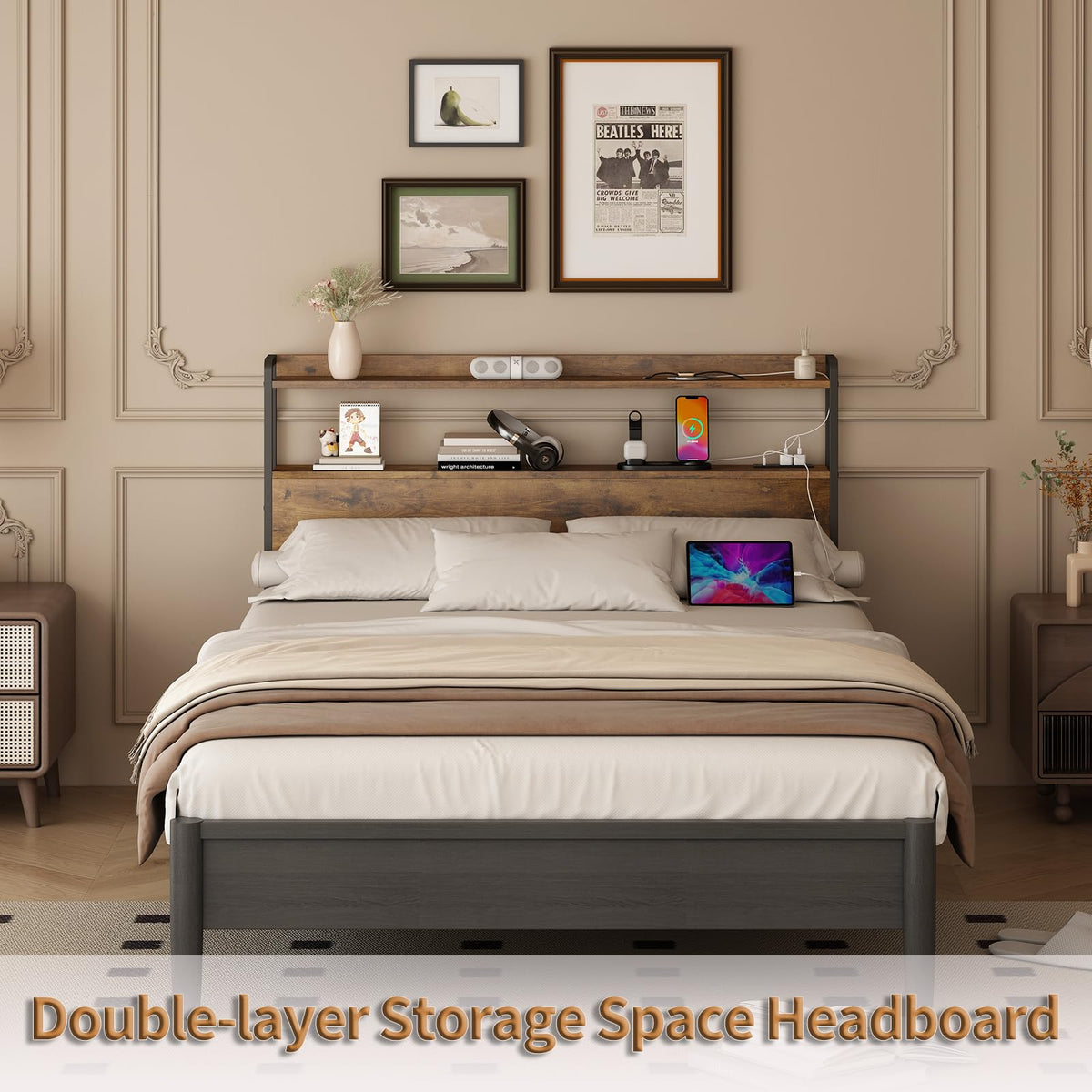 Adjustable Full Size Headboard with Outlets USB Ports Type-C LED Lights and Storage Rustic Brown R74357