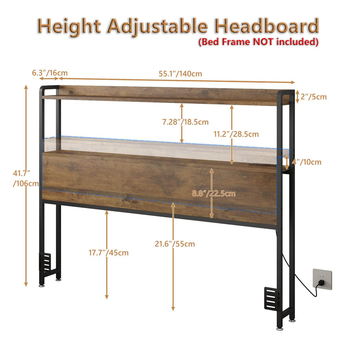 Adjustable Full Size Headboard with Outlets USB Ports Type-C LED Lights and Storage Rustic Brown R74357