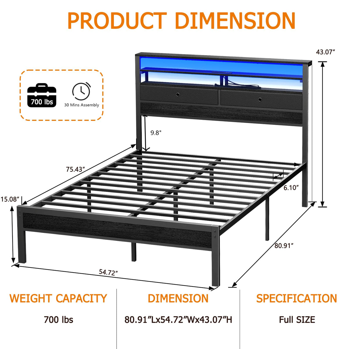 Full Size Bed Frame with Headboard & 2 Fabric Drawers V4945