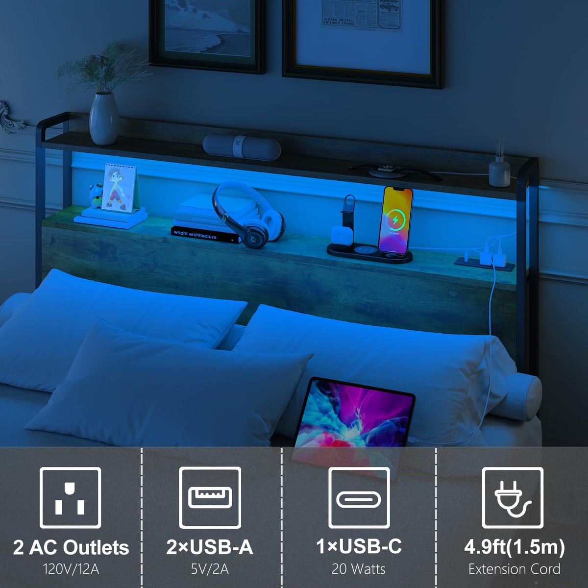Adjustable Full Size Headboard with Outlets USB Ports Type-C LED Lights and Storage Rustic Brown R74357