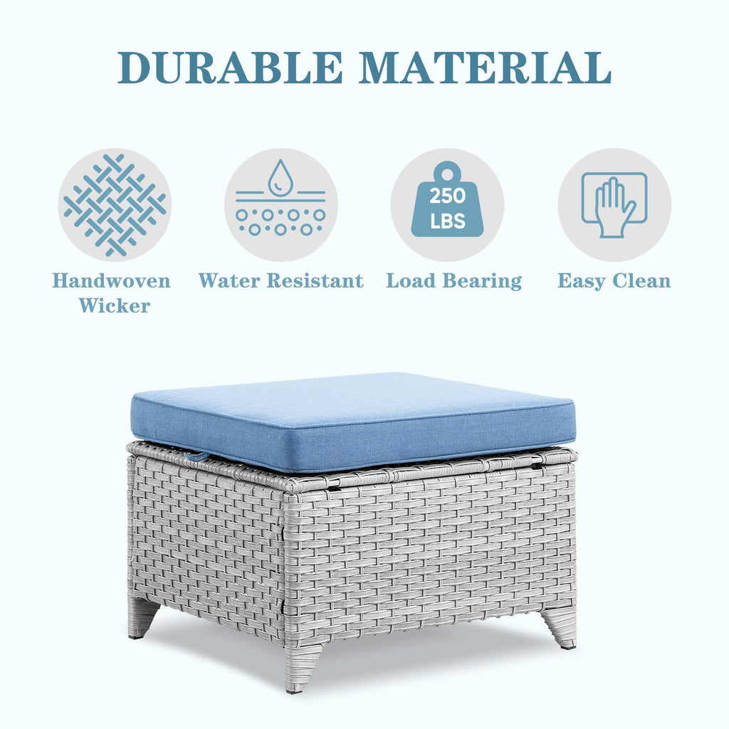 Wicker Outdoor Ottomans Set of 2 Handwoven Rattan Footstools with Removable Cushions A5601