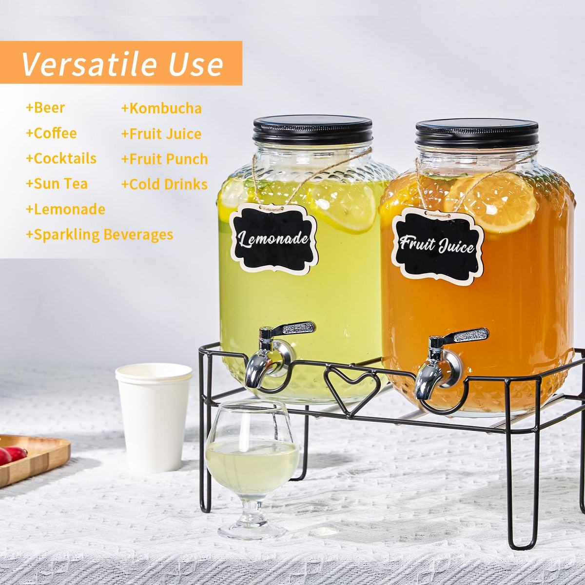 1 Gallon Glass Beverage Dispenser with Stand and Fruit Infuser V5020