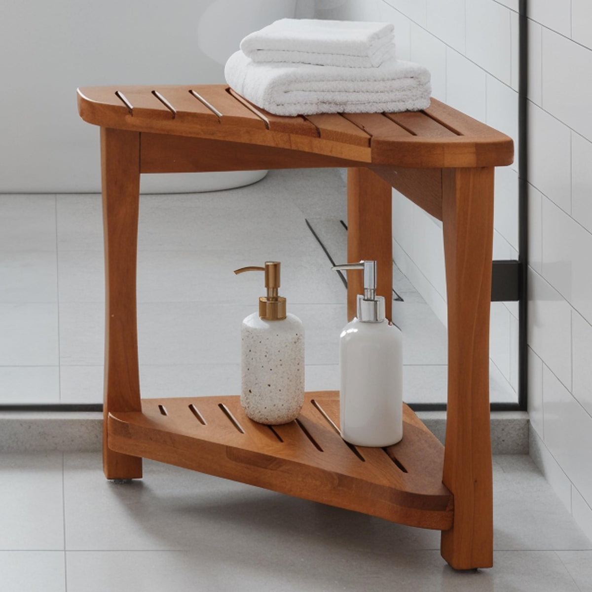 Teak Corner Shower Bench with Storage Shelf K438563