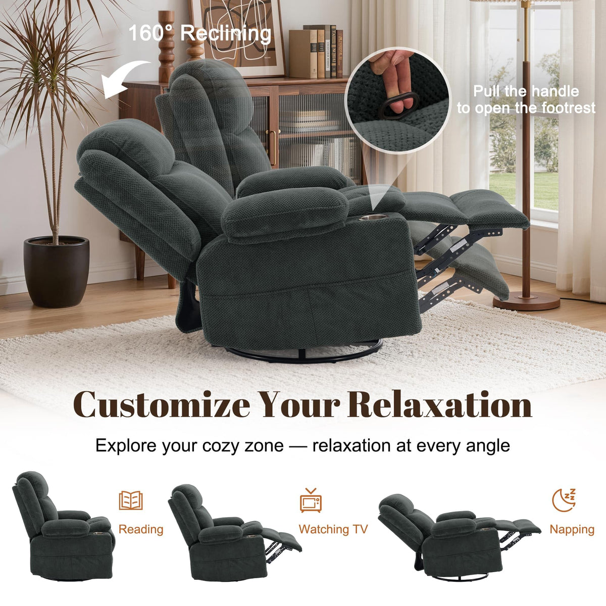 Gray Swivel Rocker Recliner with Massage & Heat F50894