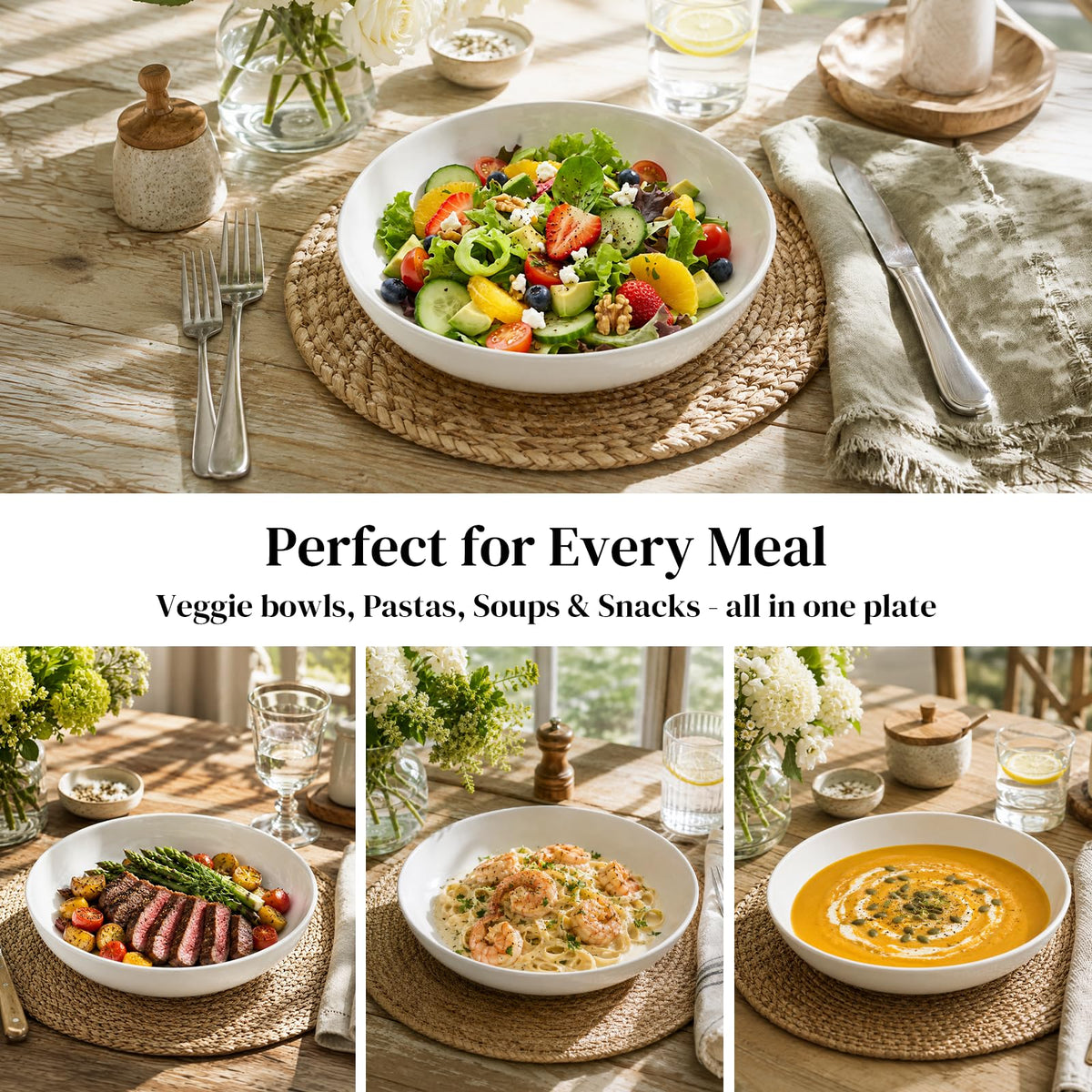 9.75" 50 Ounces Ceramic Pasta Bowls Set of 4 White F195085