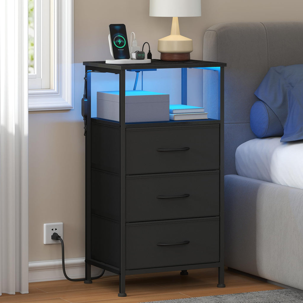 Nightstand with Charging Station, 3 Fabric Drawers J8109