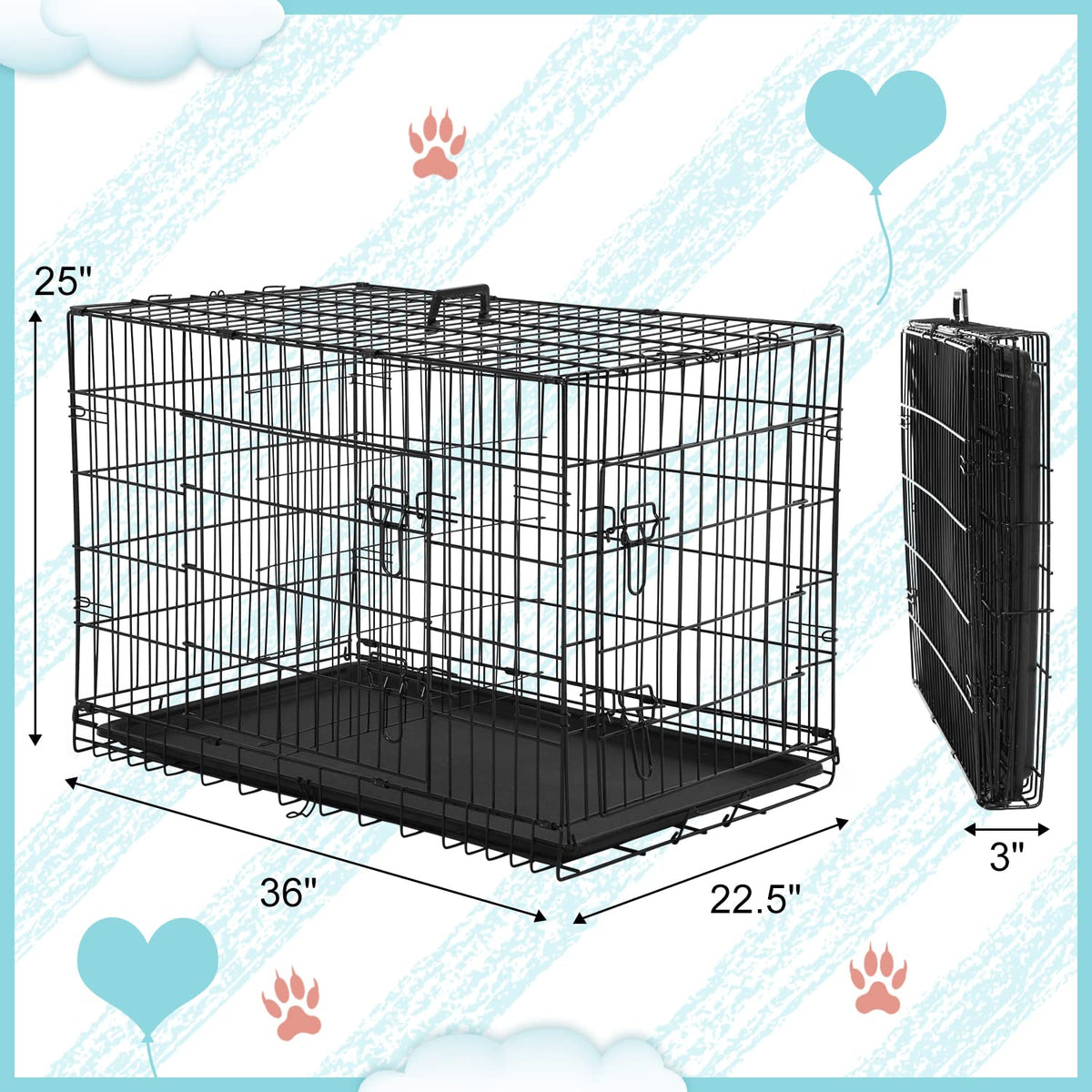 36 Inch Double-Door Metal Dog Crate with Tray and Divider A9626