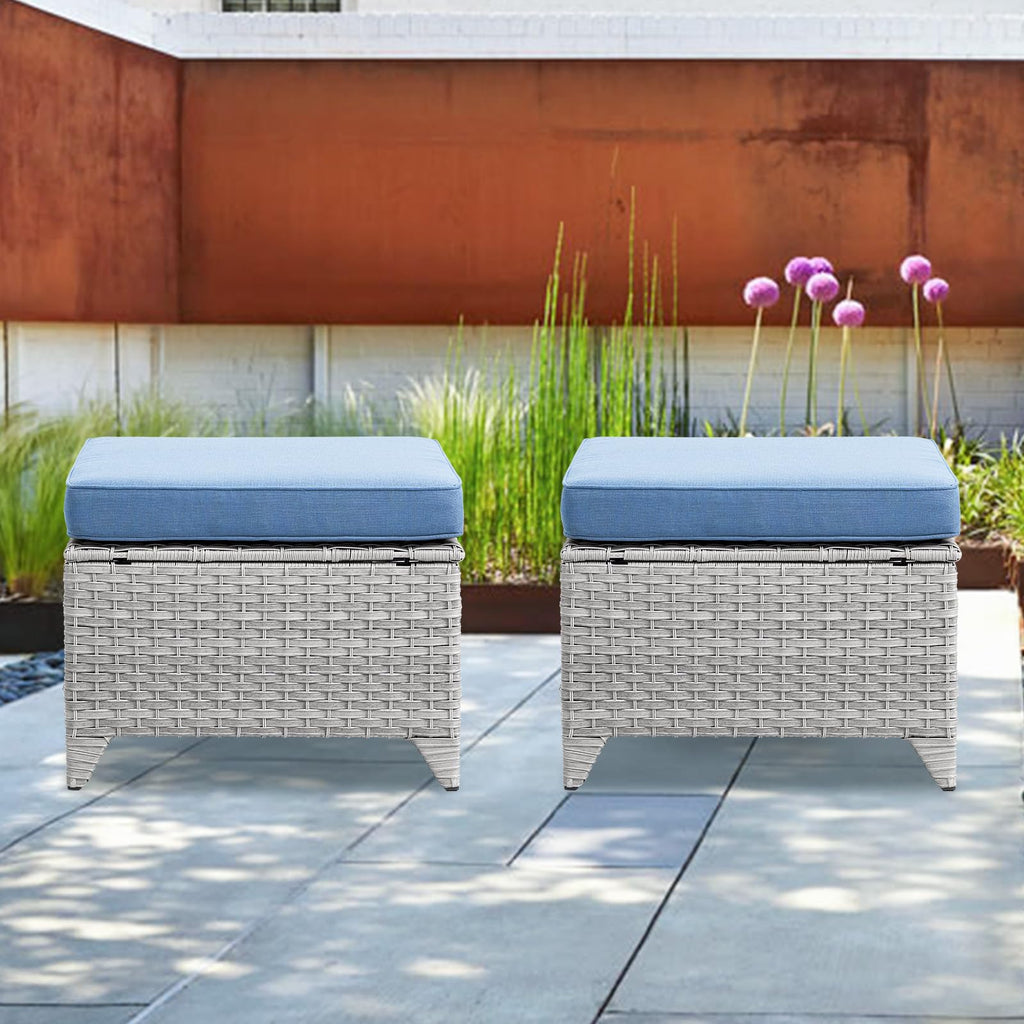 Wicker Outdoor Ottomans Set of 2 Handwoven Rattan Footstools with Removable Cushions A5601