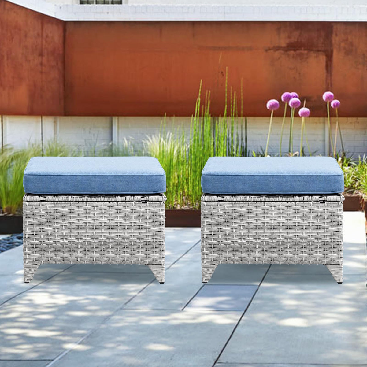 Wicker Outdoor Ottomans Set of 2 Handwoven Rattan Footstools with Removable Cushions A5601