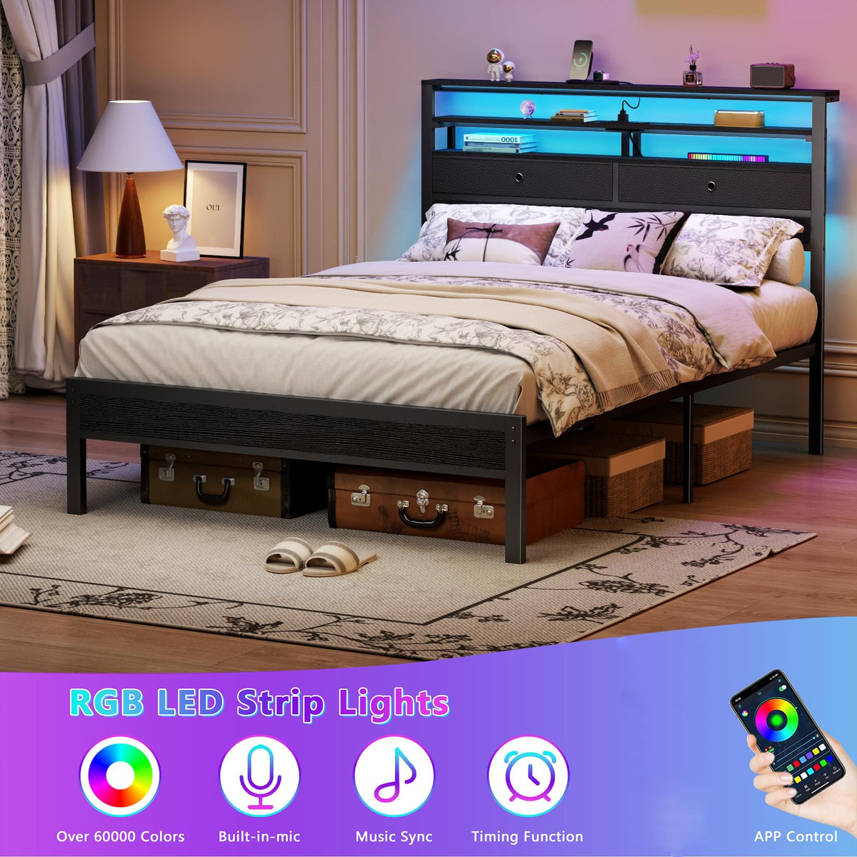 Full Size Bed Frame with Headboard & 2 Fabric Drawers V4945