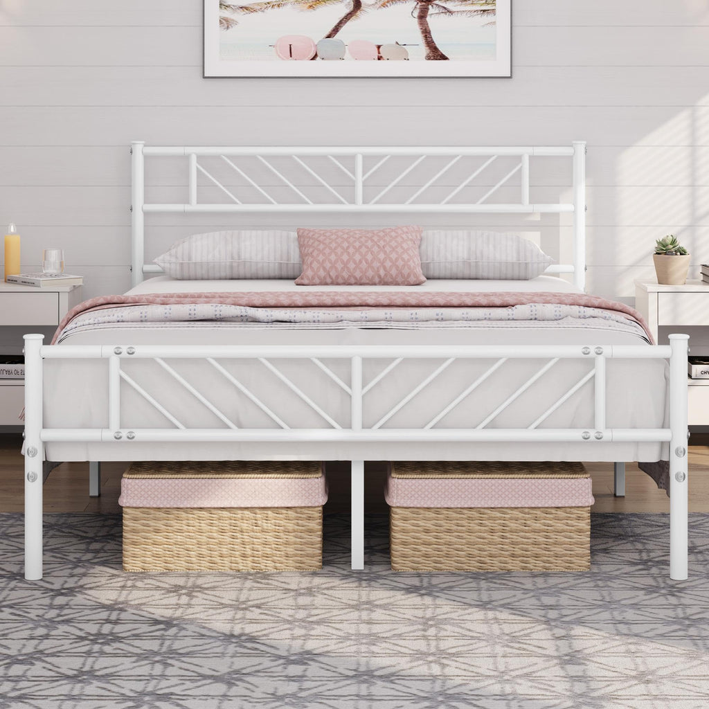 White Full Metal Platform Bed Frame with Arrow Design Headboard Z53959