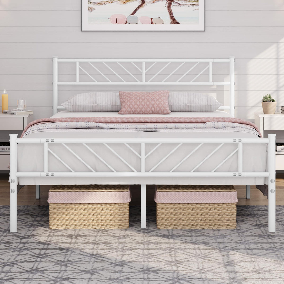 White Full Metal Platform Bed Frame with Arrow Design Headboard Z53959