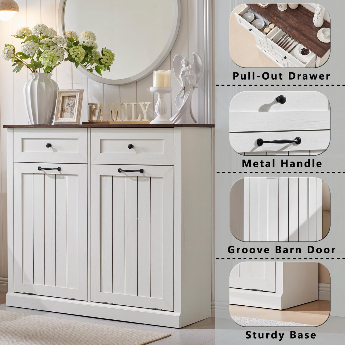 Double Tilt Out Wood Trash Cabinet Antique White K7777
