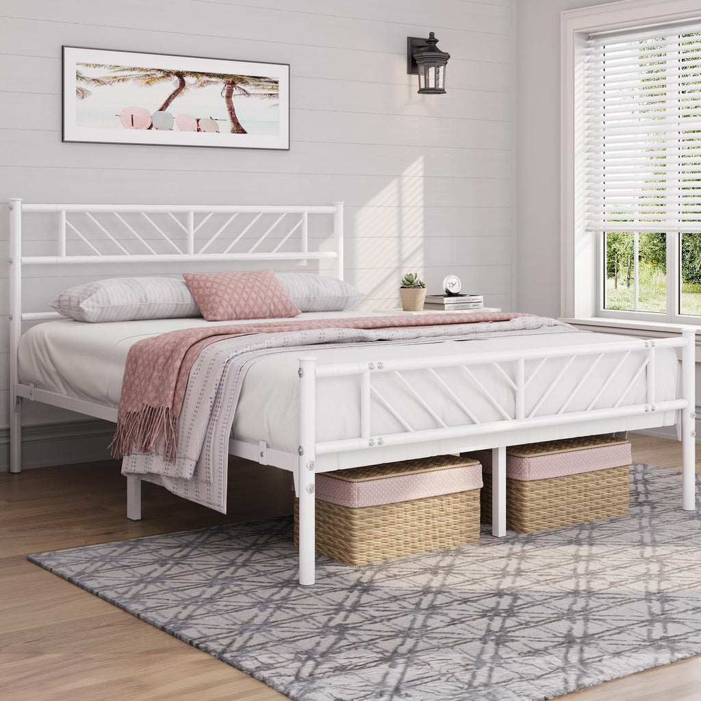 White Full Metal Platform Bed Frame with Arrow Design Headboard Z53959