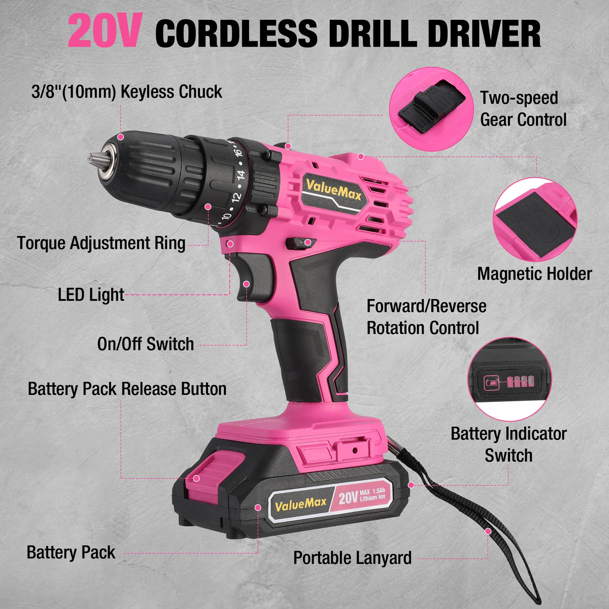 Pink 20V Cordless Drill Set with Battery and Charger W744375
