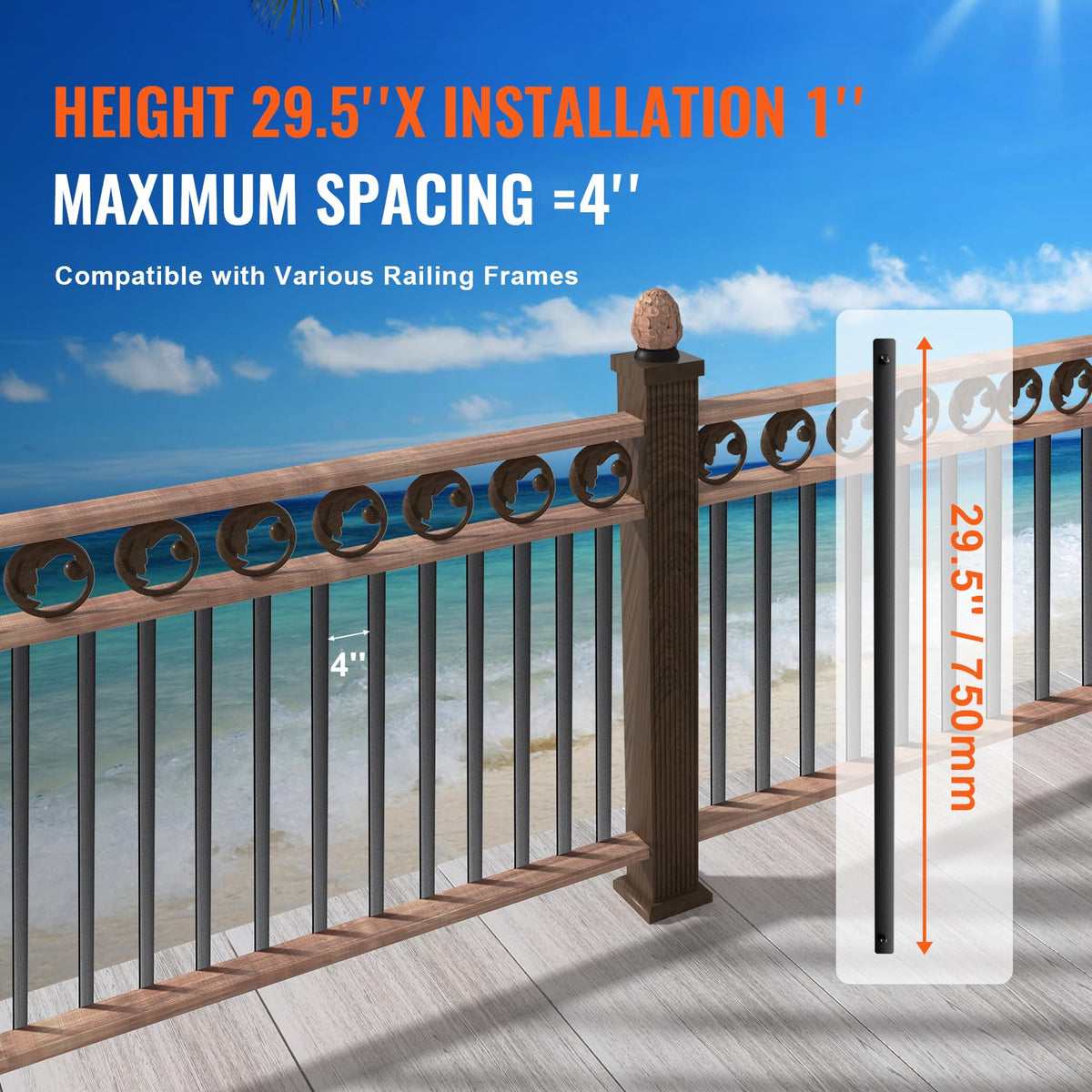 29.5"x1" Flat Aluminum Alloy 51 Pack Satin Black Metal Balusters E73450