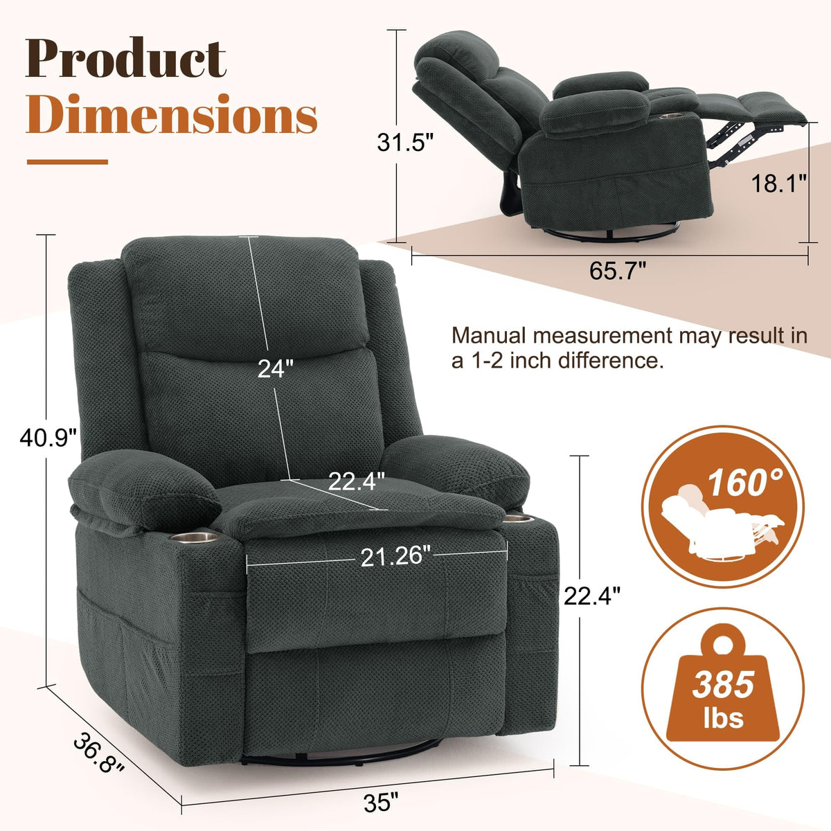 Gray Swivel Rocker Recliner with Massage & Heat F50894