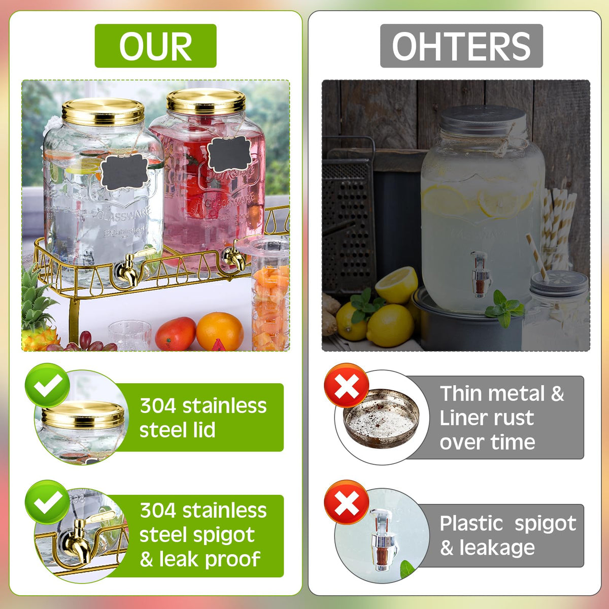 3 Pcs 2 Gallon Glass Drink Dispenser with Stand and Lid Y933
