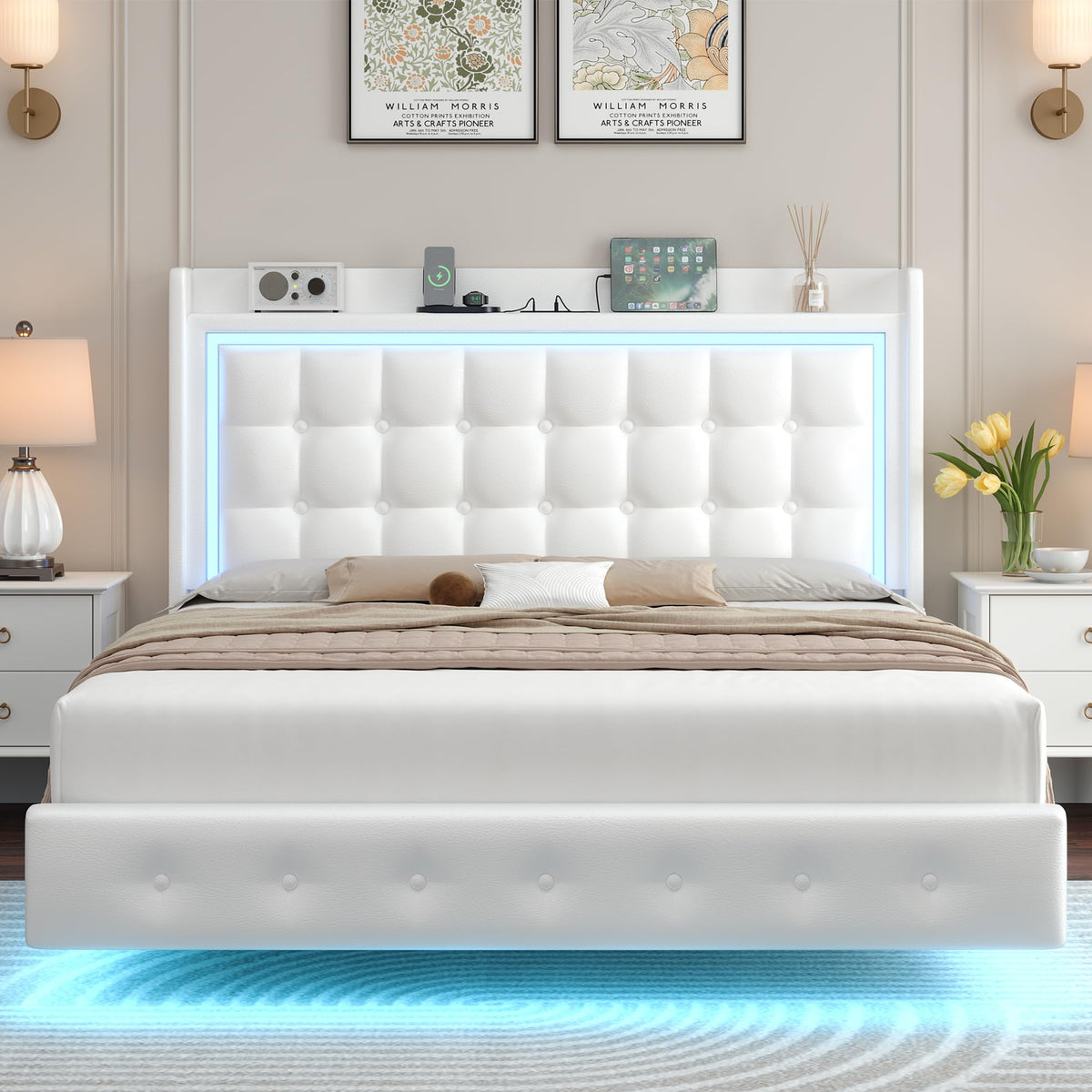 Queen Floating Bed Frame with Storage Headboard, LED Lights & Charging Station E827049