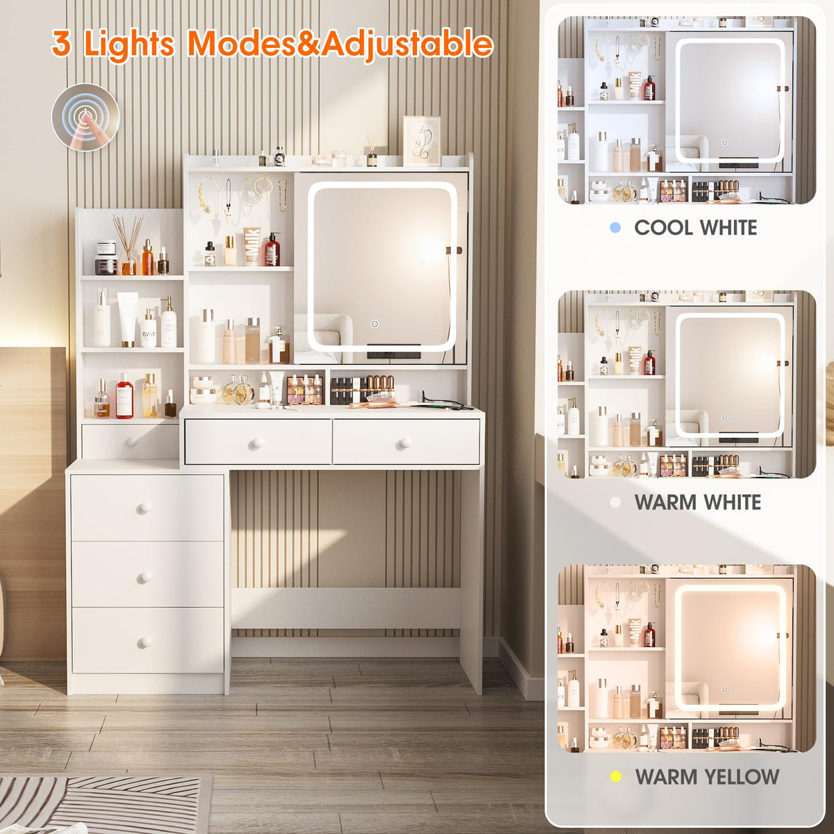 White Vanity Desk with Lighted Mirror and 6 Drawers R60334