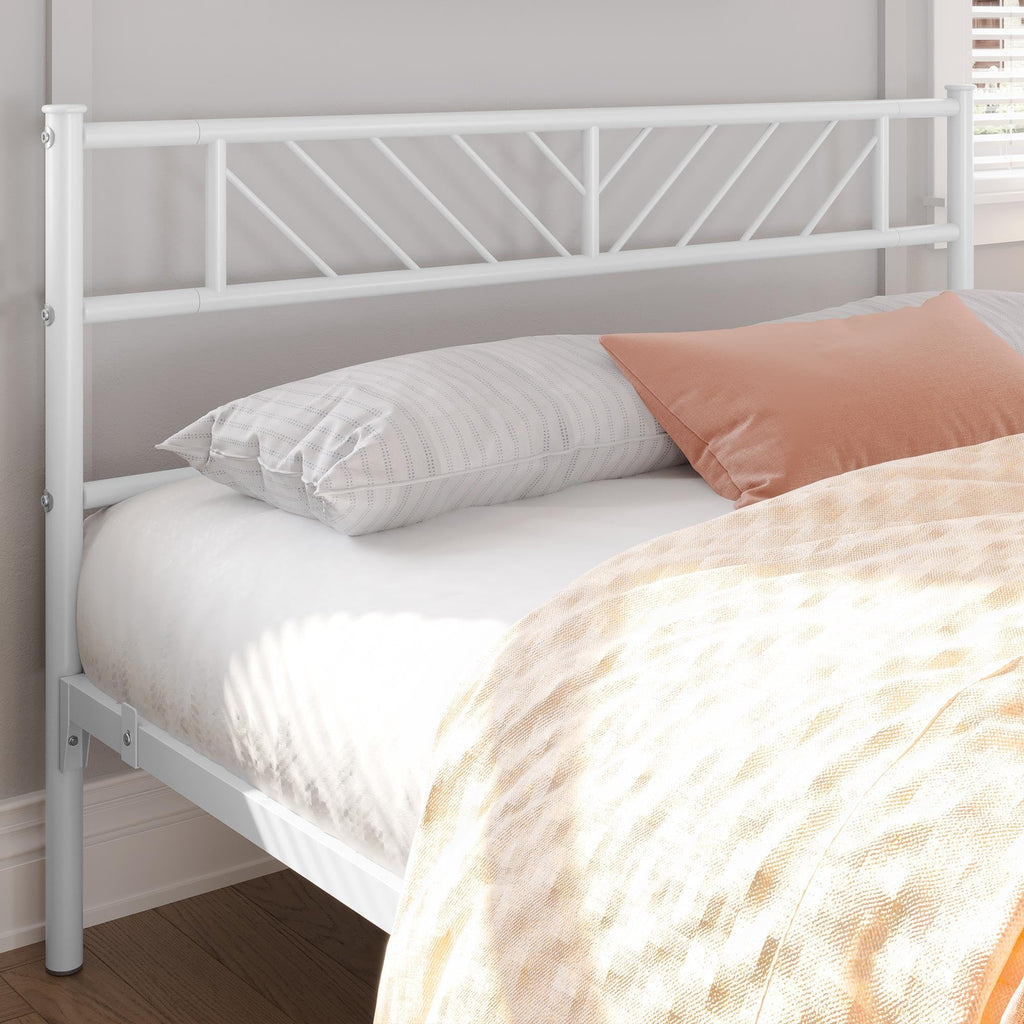 White Full Metal Platform Bed Frame with Arrow Design Headboard Z53959