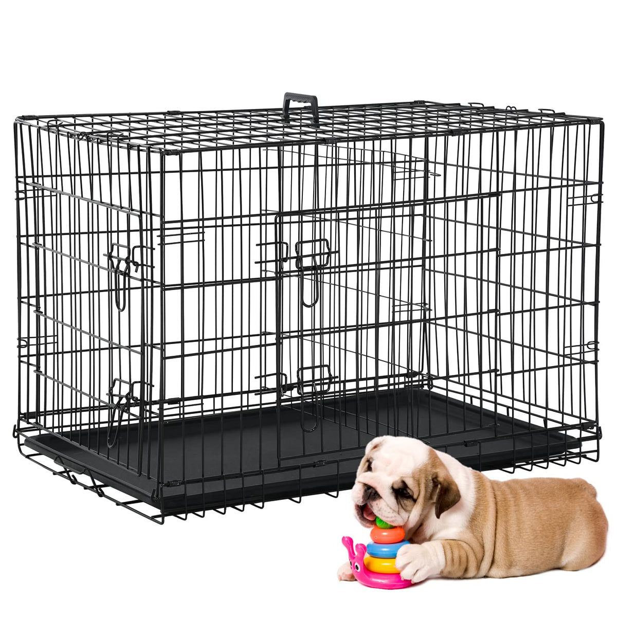 36 Inch Double-Door Metal Dog Crate with Tray and Divider A9626
