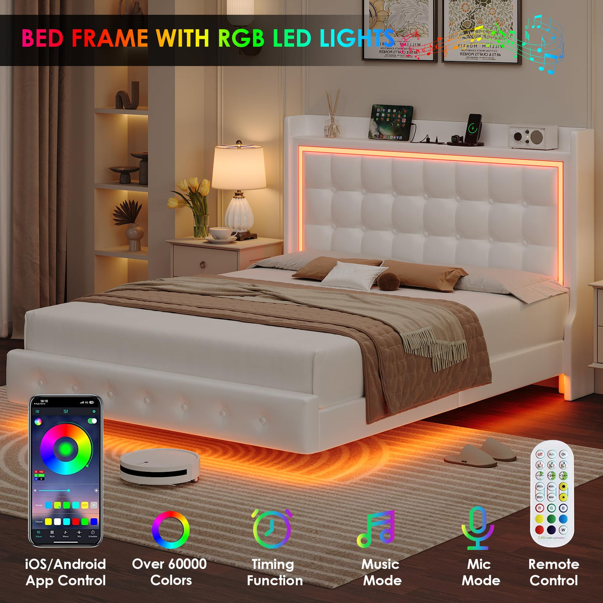 Queen Floating Bed Frame with Storage Headboard, LED Lights & Charging Station E827049