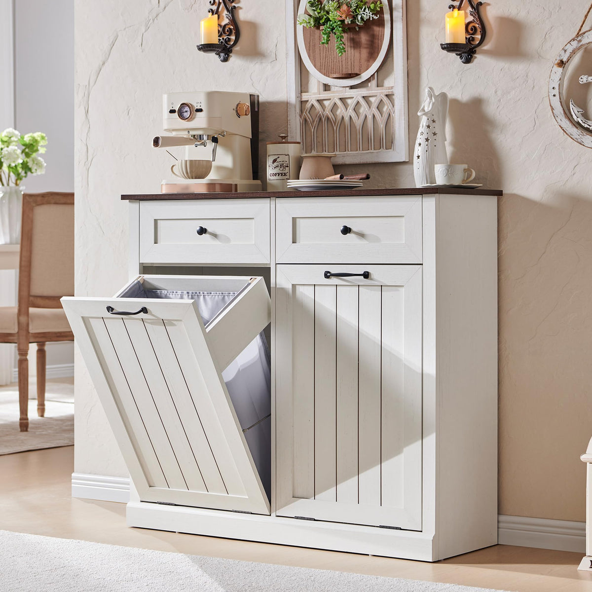 Double Tilt Out Wood Trash Cabinet Antique White K7777