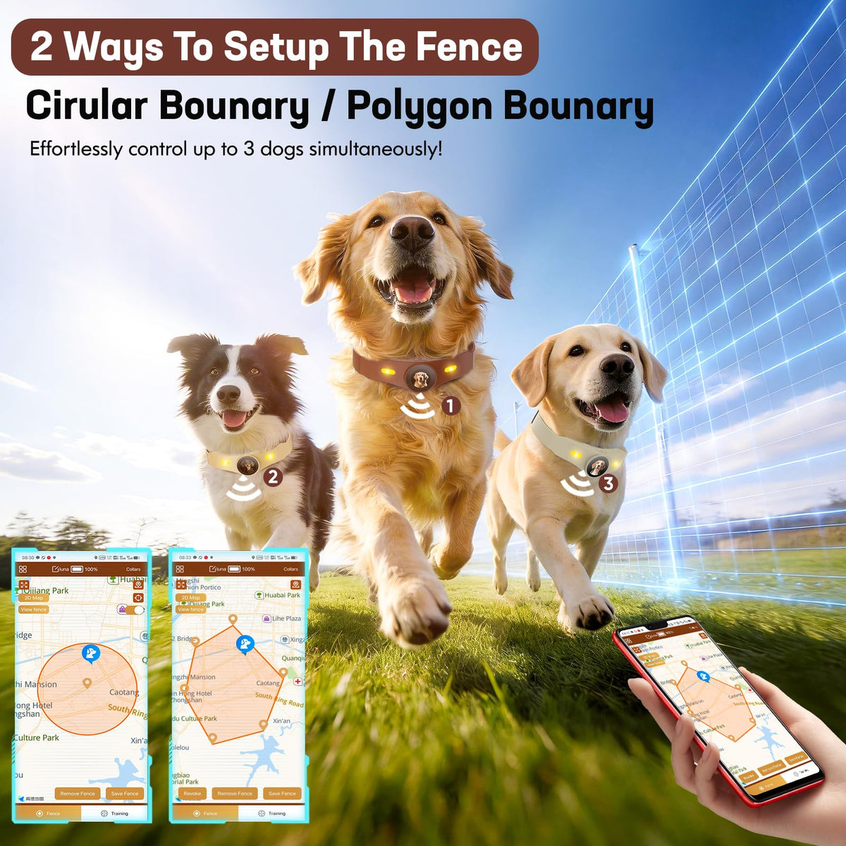 Wireless Dog Fence Collar, 64-3280ft Adjustable, Rechargeable IP7 Waterproof, Brown V4075