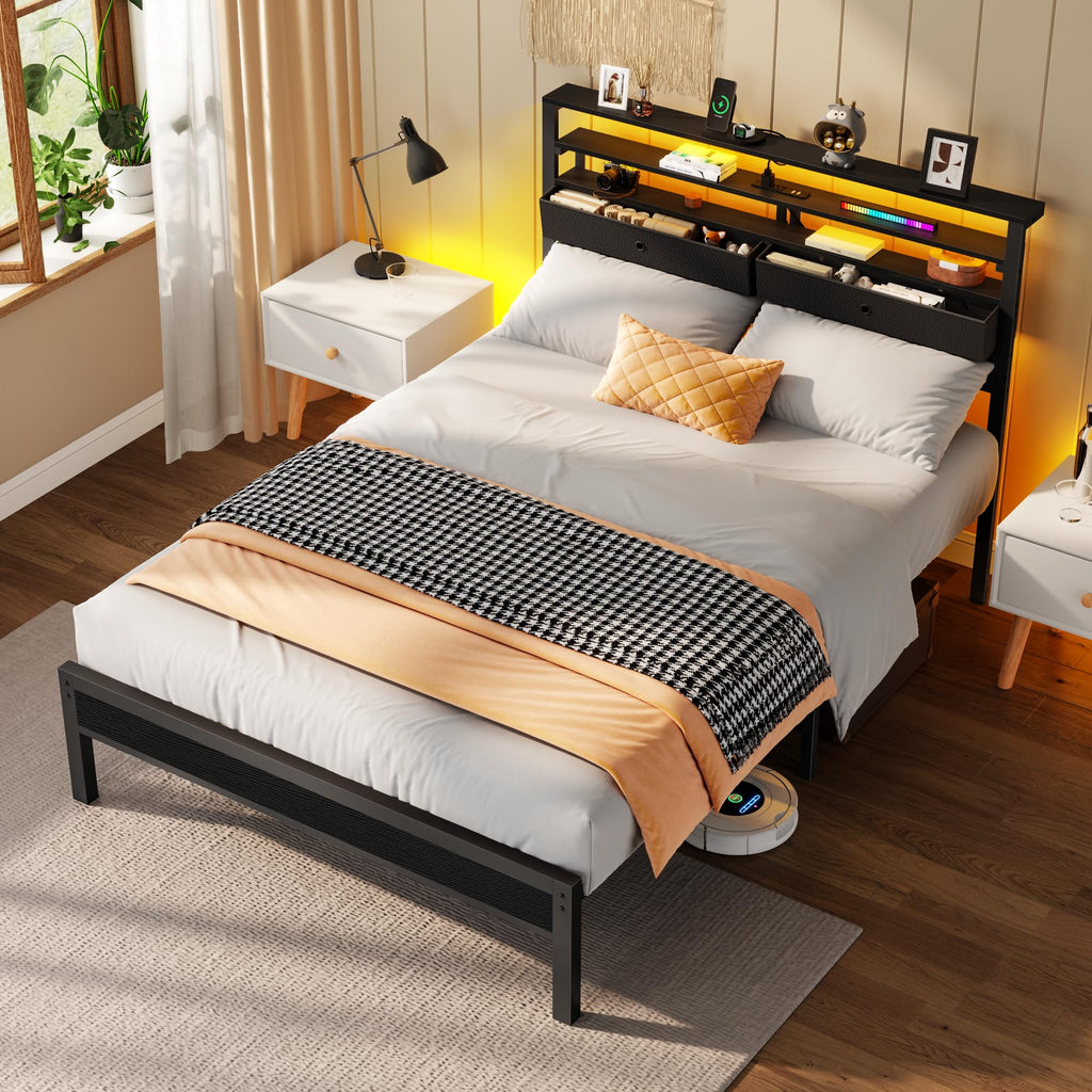 Full Size Bed Frame with Headboard & 2 Fabric Drawers V4945