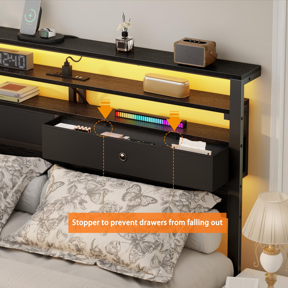 Full Size Bed Frame with Headboard & 2 Fabric Drawers V4945