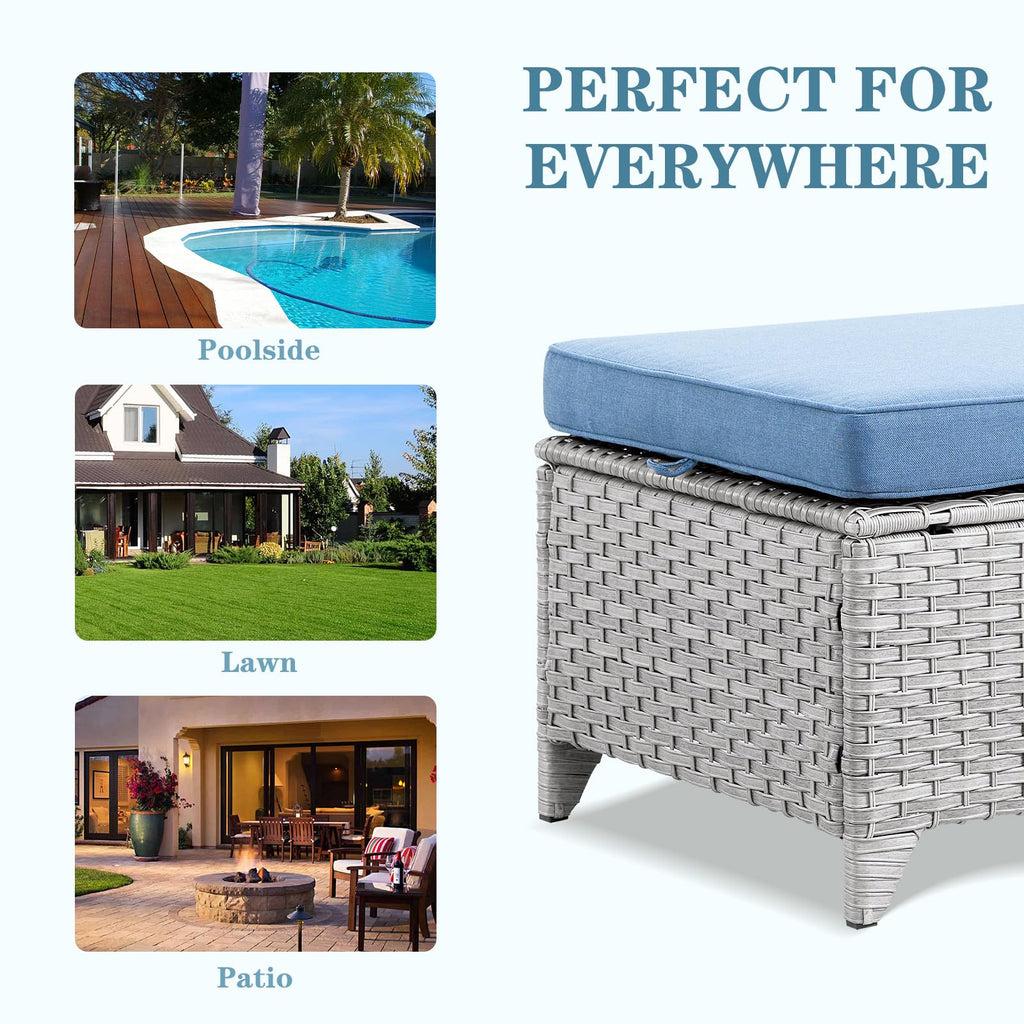Wicker Outdoor Ottomans Set of 2 Handwoven Rattan Footstools with Removable Cushions A5601