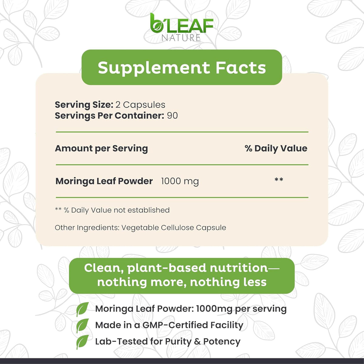 Moringa Leaf Vegan Capsules 1000mg 180 Count O11555