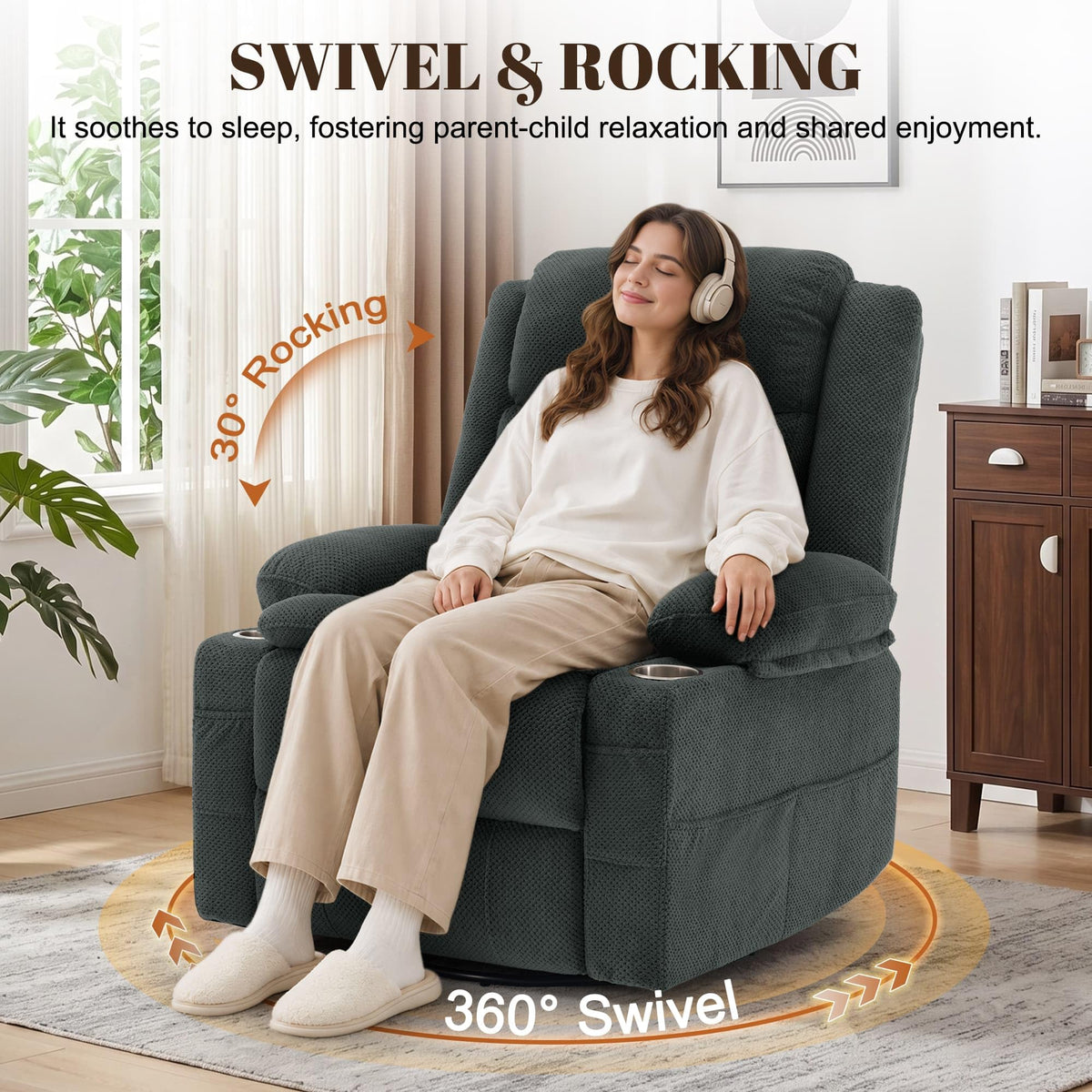 Gray Swivel Rocker Recliner with Massage & Heat F50894