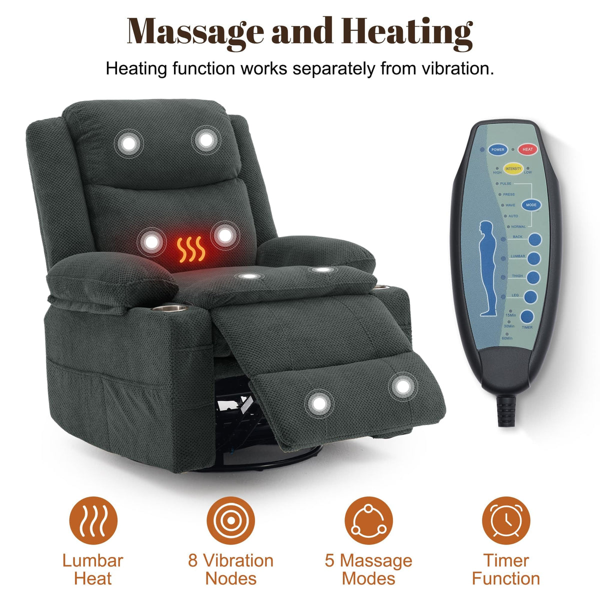 Gray Swivel Rocker Recliner with Massage & Heat F50894