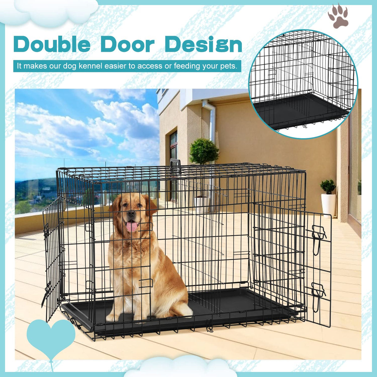 36 Inch Double-Door Metal Dog Crate with Tray and Divider A9626