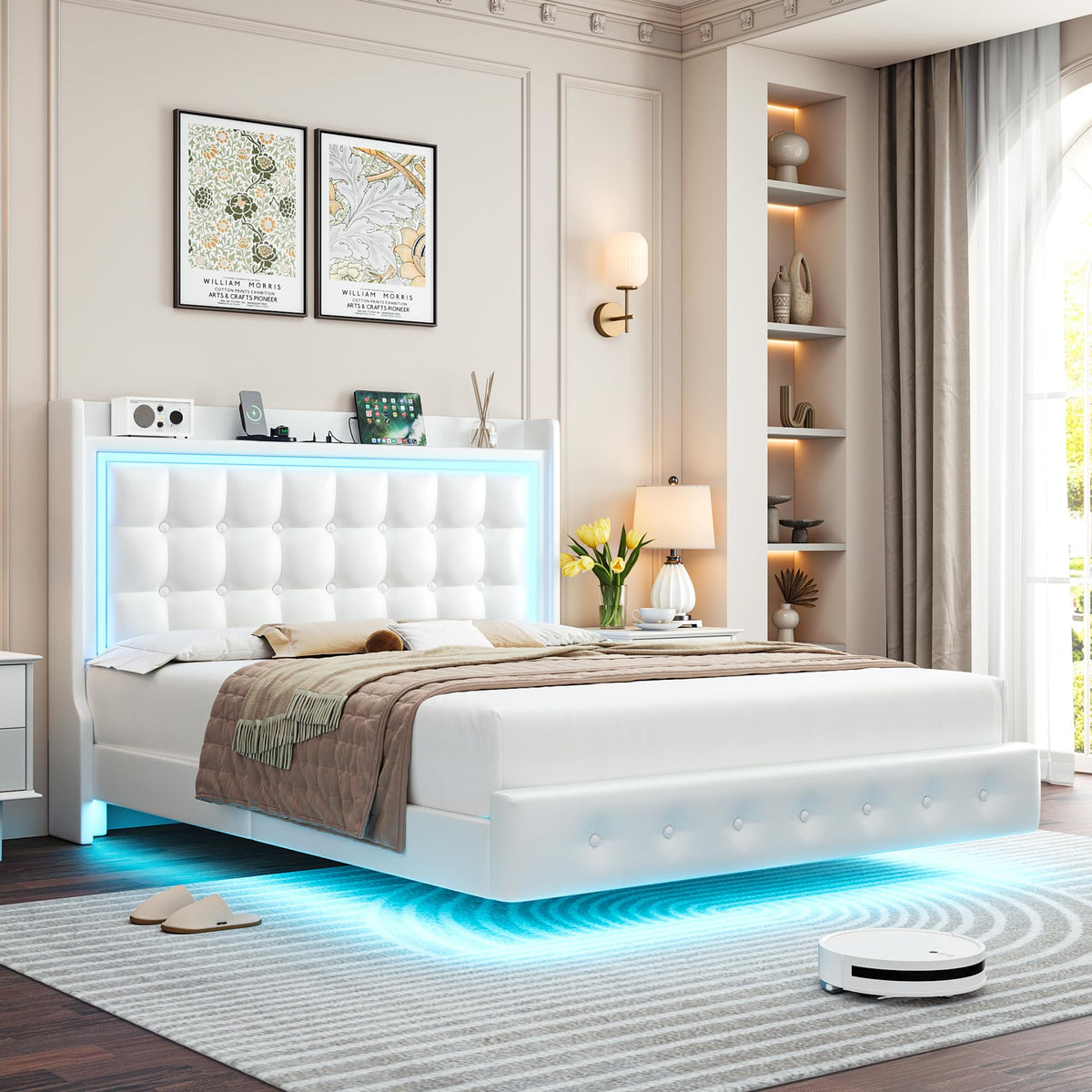 Queen Floating Bed Frame with Storage Headboard, LED Lights & Charging Station E827049