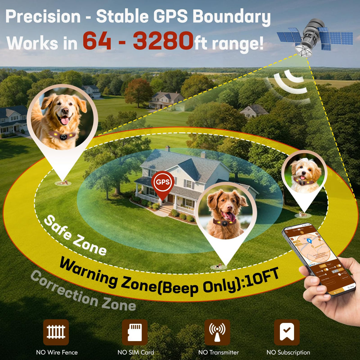 Wireless Dog Fence Collar, 64-3280ft Adjustable, Rechargeable IP7 Waterproof, Brown V4075