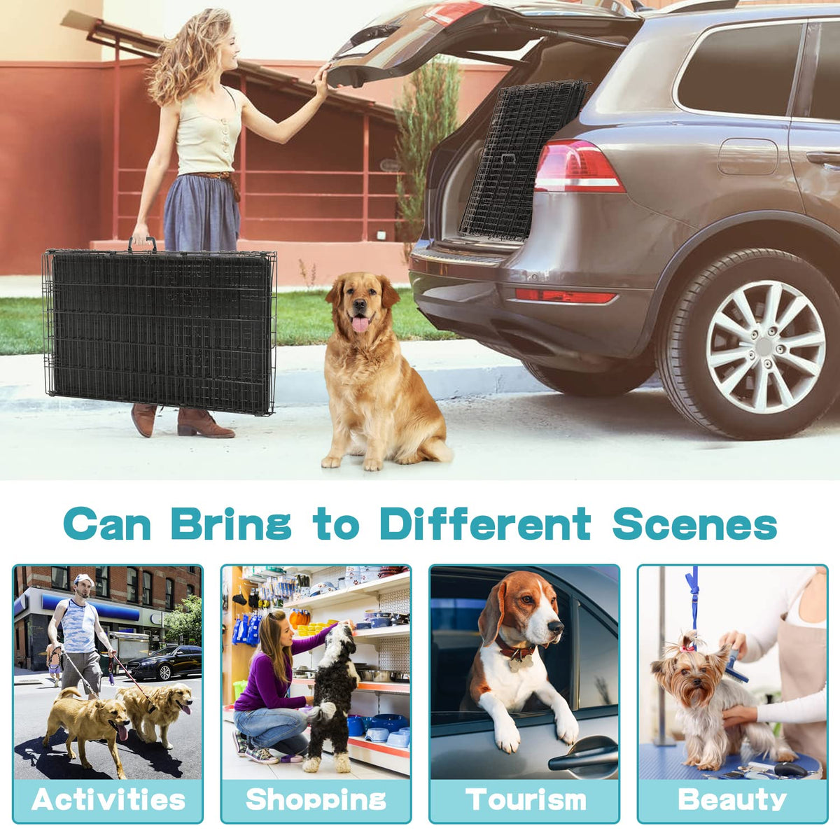 36 Inch Double-Door Metal Dog Crate with Tray and Divider A9626