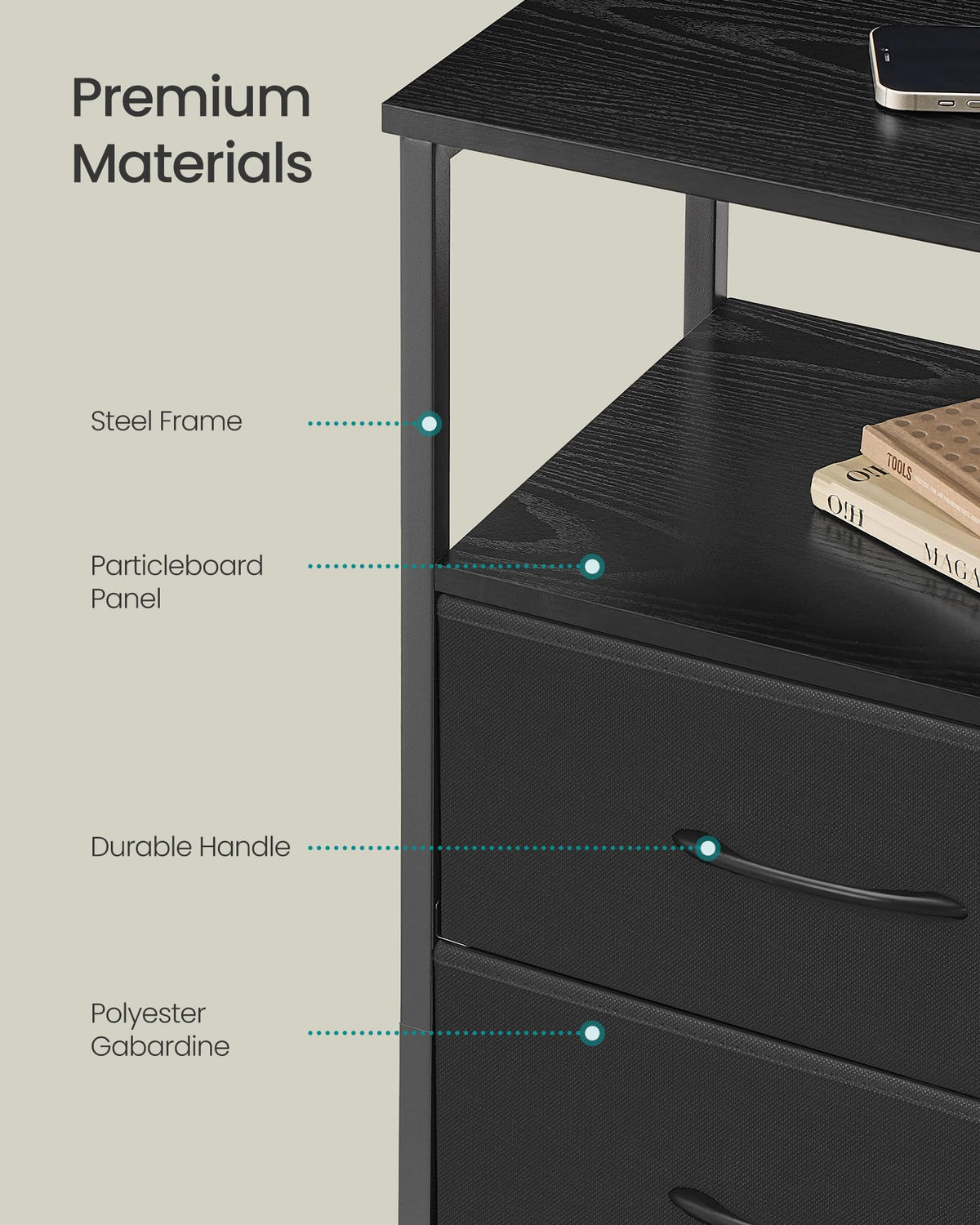 Nightstand with Charging Station, 3 Fabric Drawers J8109