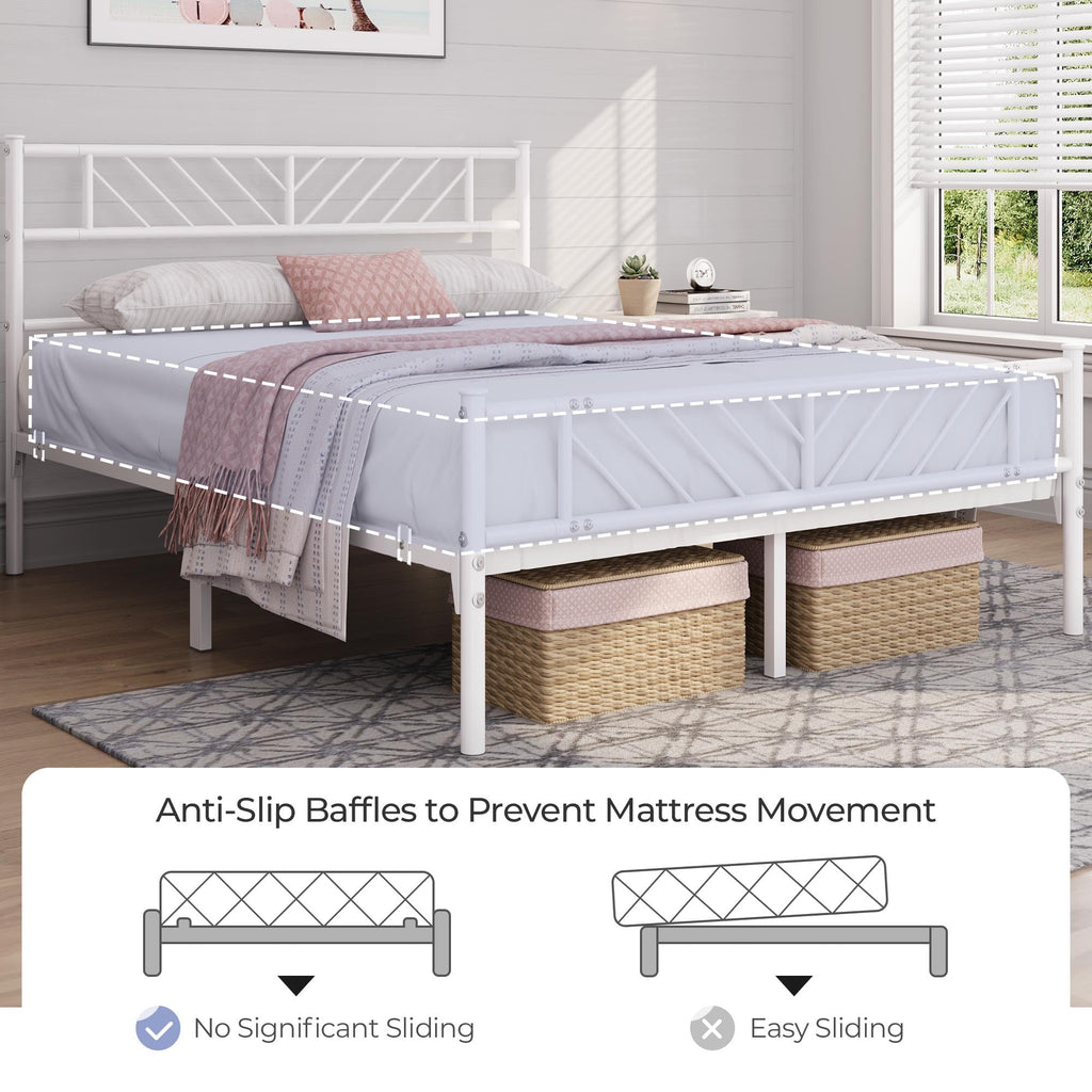 White Full Metal Platform Bed Frame with Arrow Design Headboard Z53959