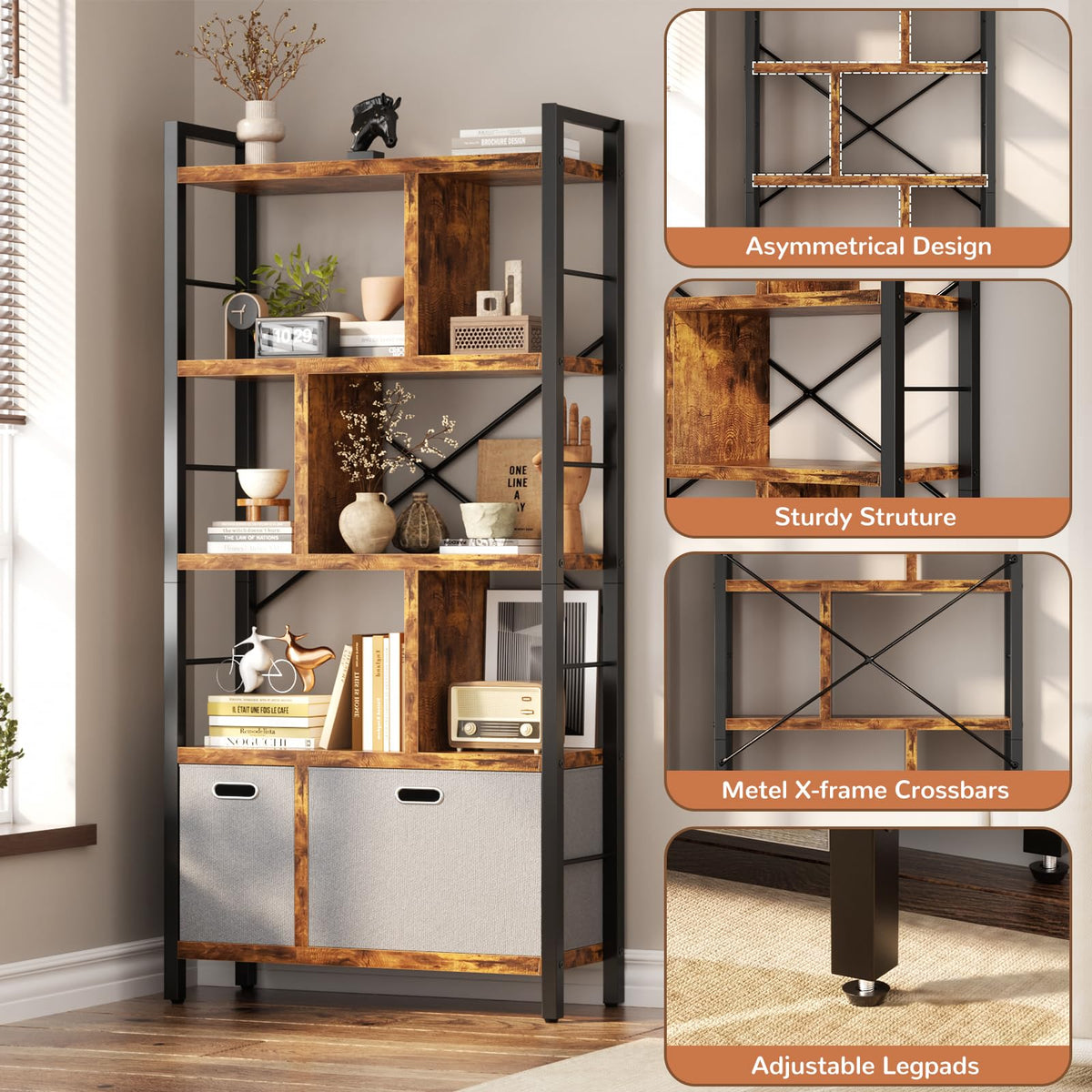 5 Tier Rustic Brown Bookshelf with Drawers D941255