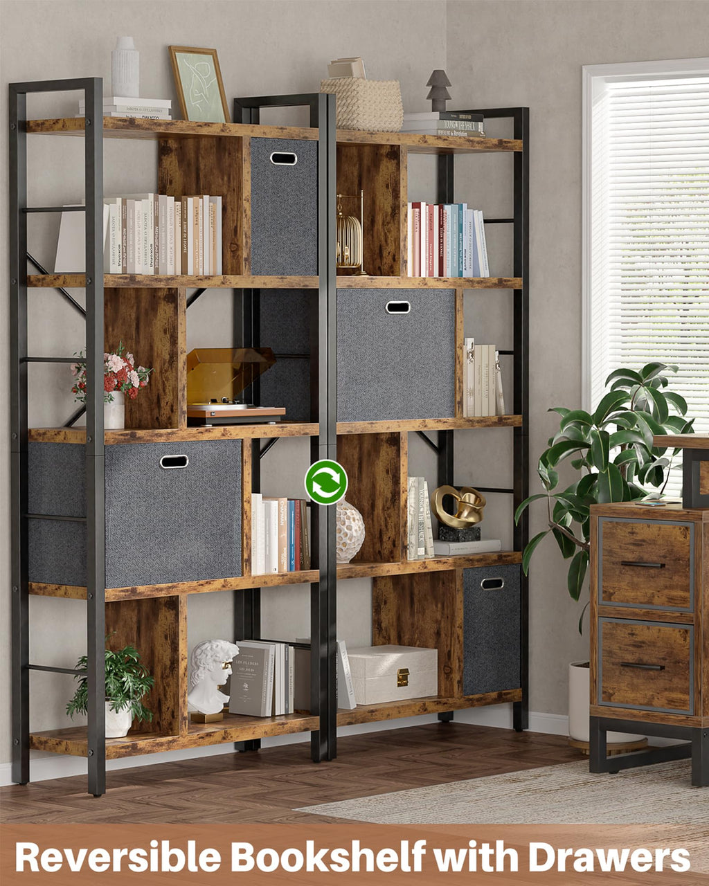 5 Tier Rustic Brown Bookshelf with Drawers D941255