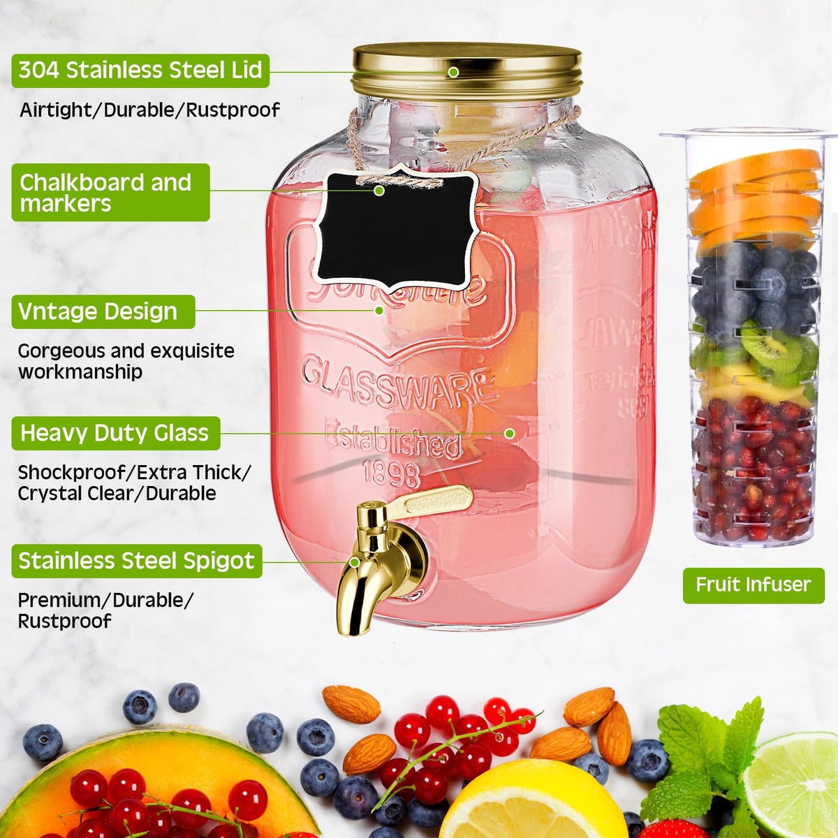 3 Pcs 2 Gallon Glass Drink Dispenser with Stand and Lid Y933
