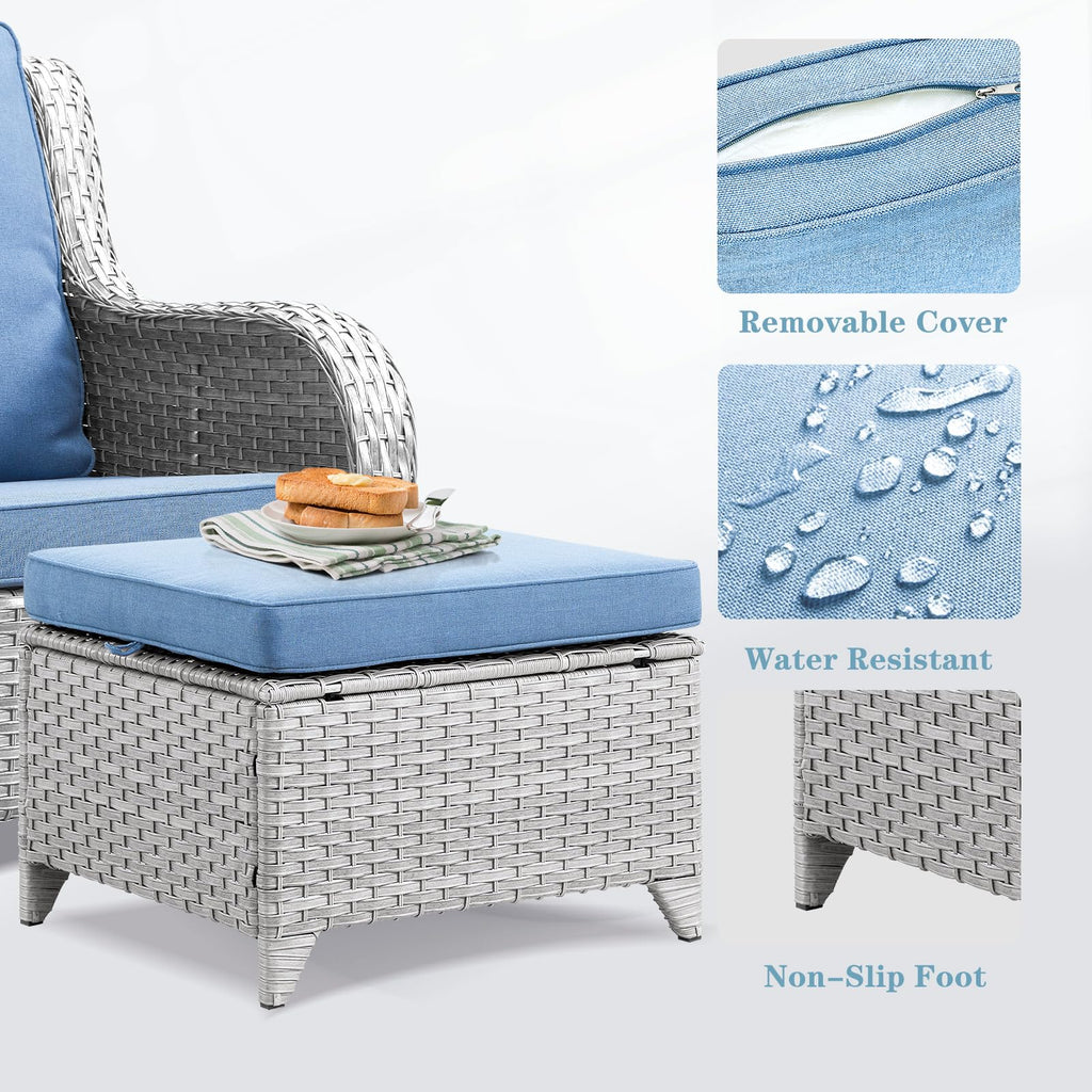 Wicker Outdoor Ottomans Set of 2 Handwoven Rattan Footstools with Removable Cushions A5601