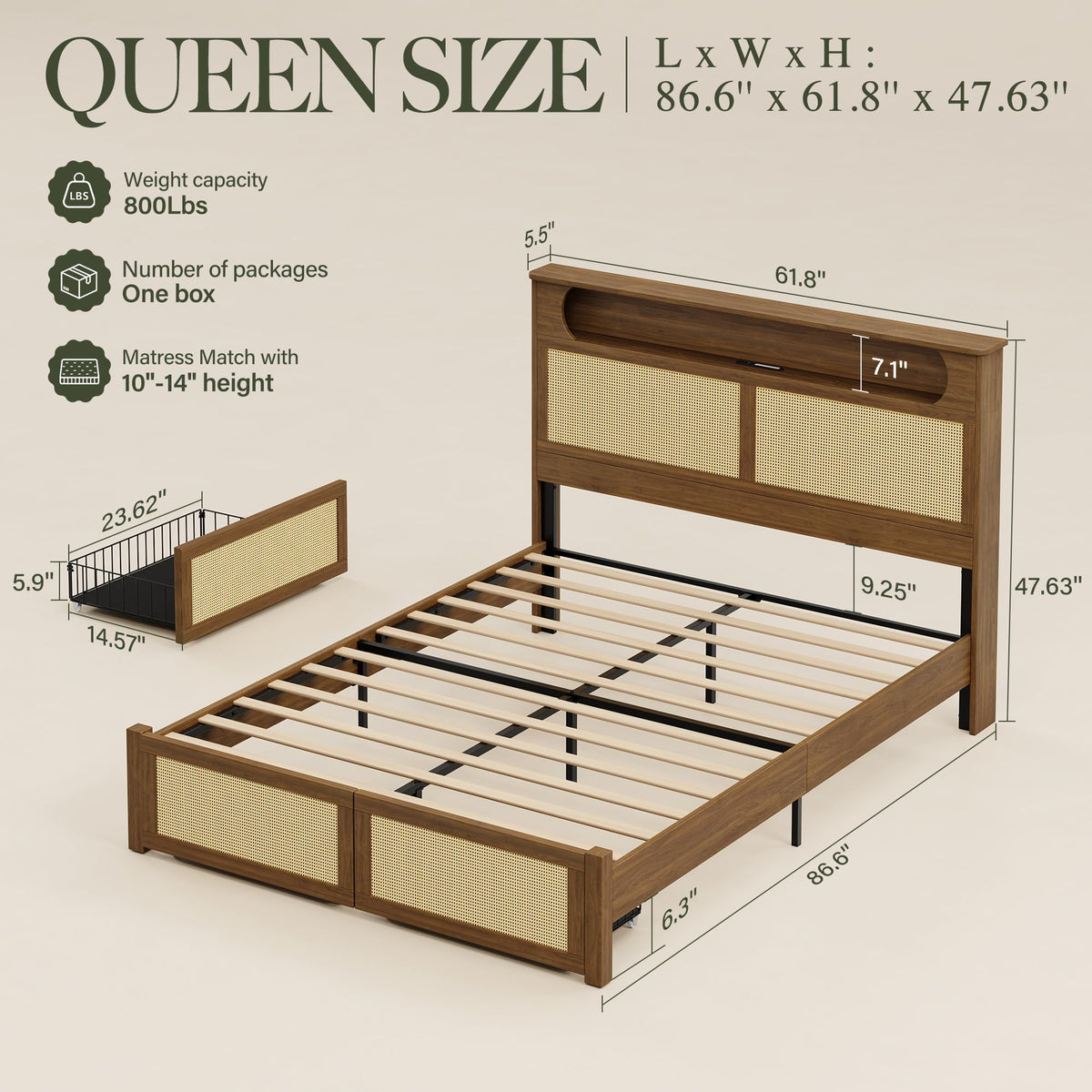 Queen Size Rattan Bed Frame with 2 Storage Drawers M8424