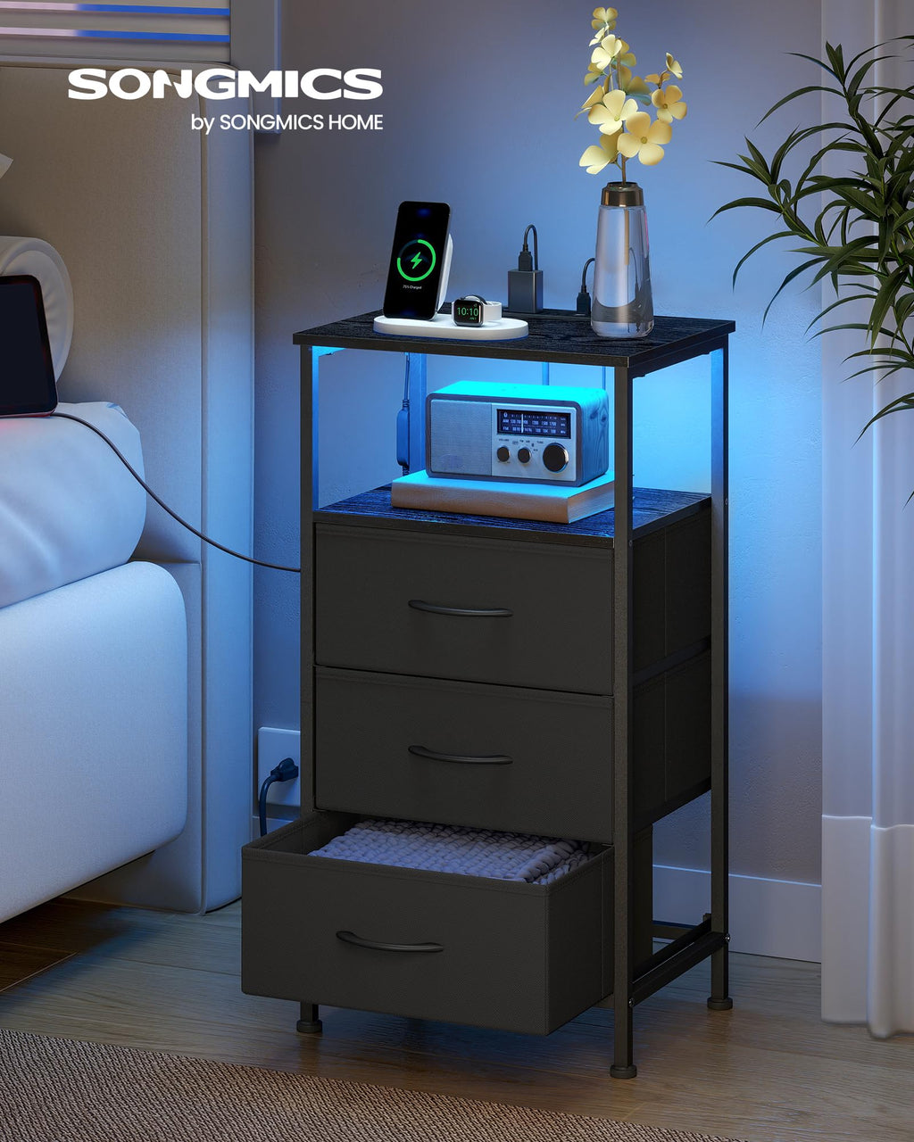 Nightstand with Charging Station, 3 Fabric Drawers J8109